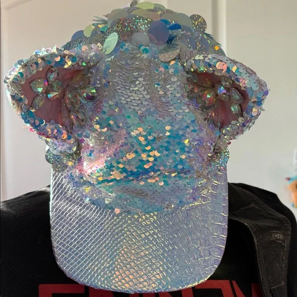 JACKALOPE LAND rave iridescent holographic sequin cat ear baseball cap OS